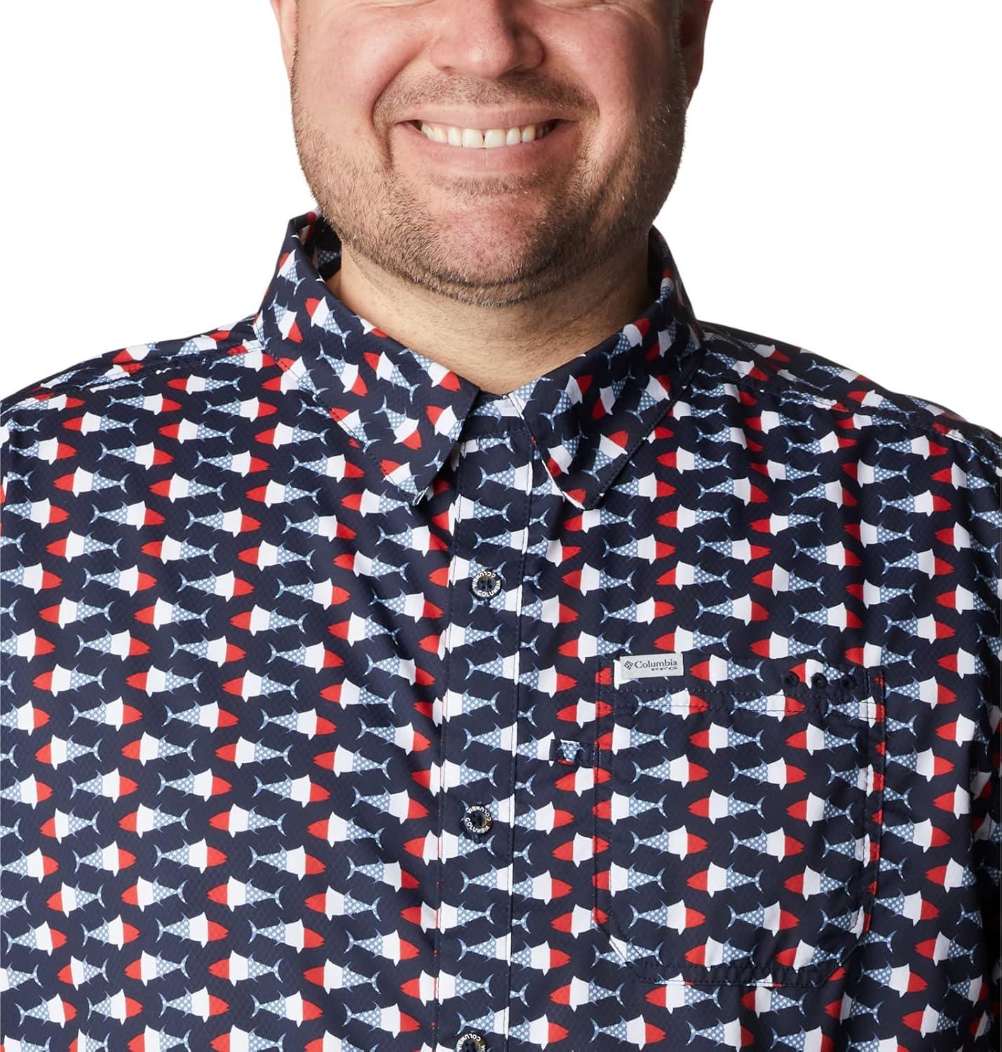 imageColumbia Mens Super Slack Tide Camp Shirt Short SleeveCollegiate Navy Fish Bobber Print