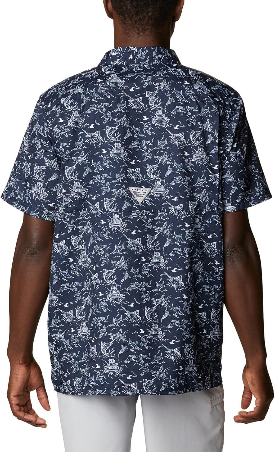 imageColumbia Mens Super Slack Tide Camp Shirt Short SleeveCollegiate Navy Small Mighty Marlins Print