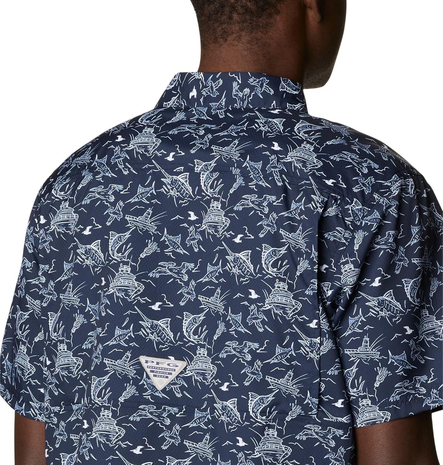 imageColumbia Mens Super Slack Tide Camp Shirt Short SleeveCollegiate Navy Small Mighty Marlins Print