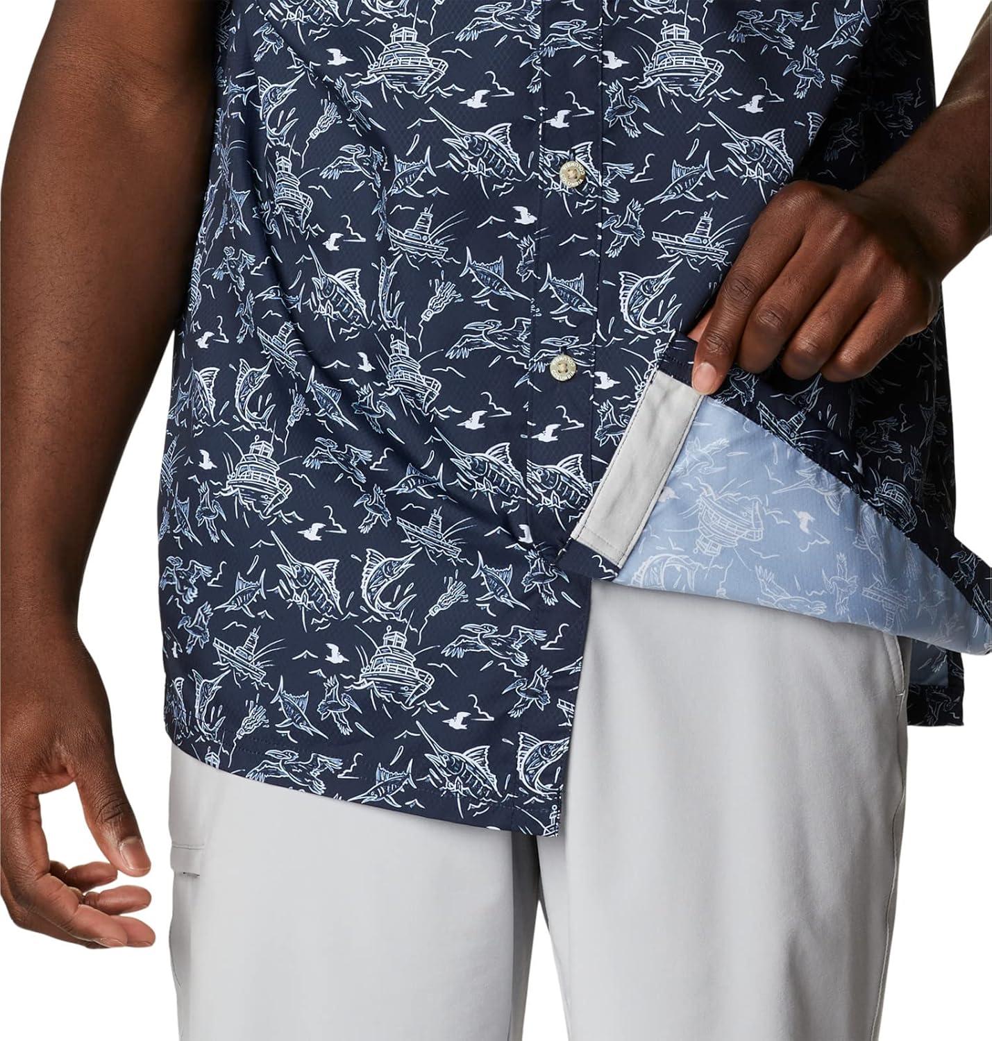 imageColumbia Mens Super Slack Tide Camp Shirt Short SleeveCollegiate Navy Small Mighty Marlins Print