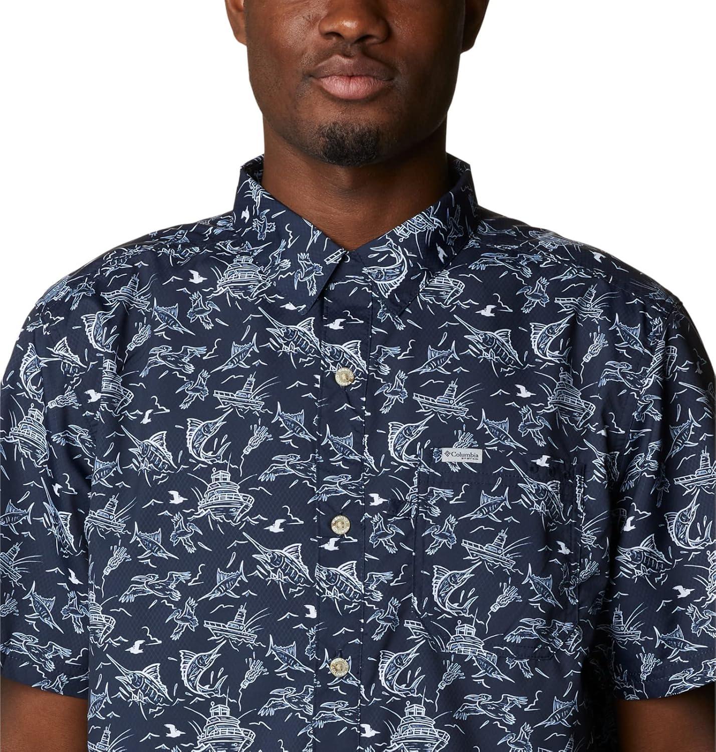 imageColumbia Mens Super Slack Tide Camp Shirt Short SleeveCollegiate Navy Small Mighty Marlins Print