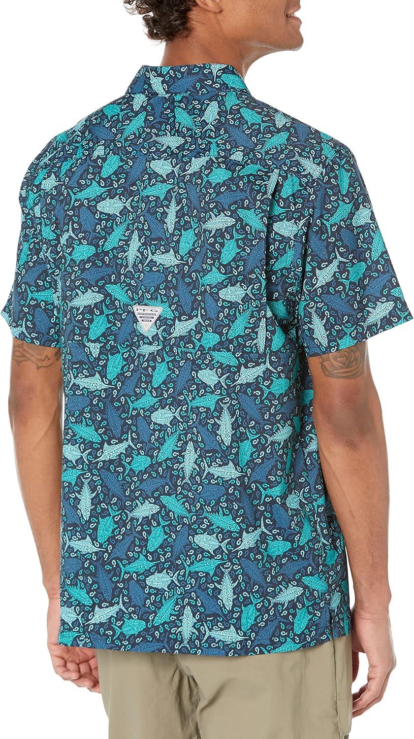 imageColumbia Mens Super Slack Tide Camp Shirt Short SleeveCollegiate Navy Tribal Fish Print