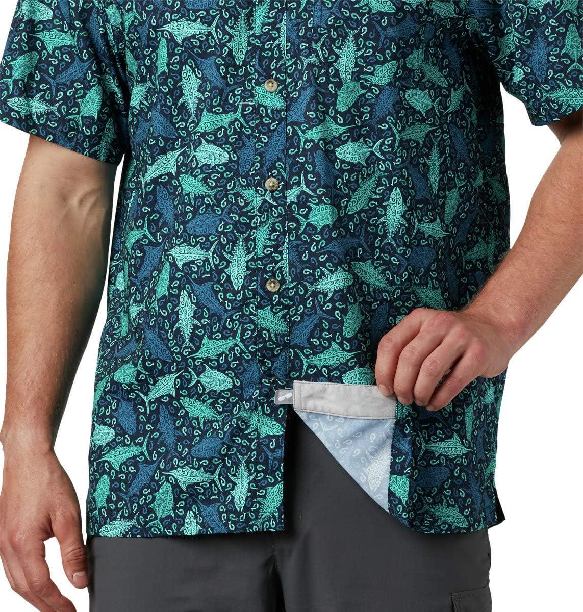 imageColumbia Mens Super Slack Tide Camp Shirt Short SleeveCollegiate Navy Tribal Fish Print