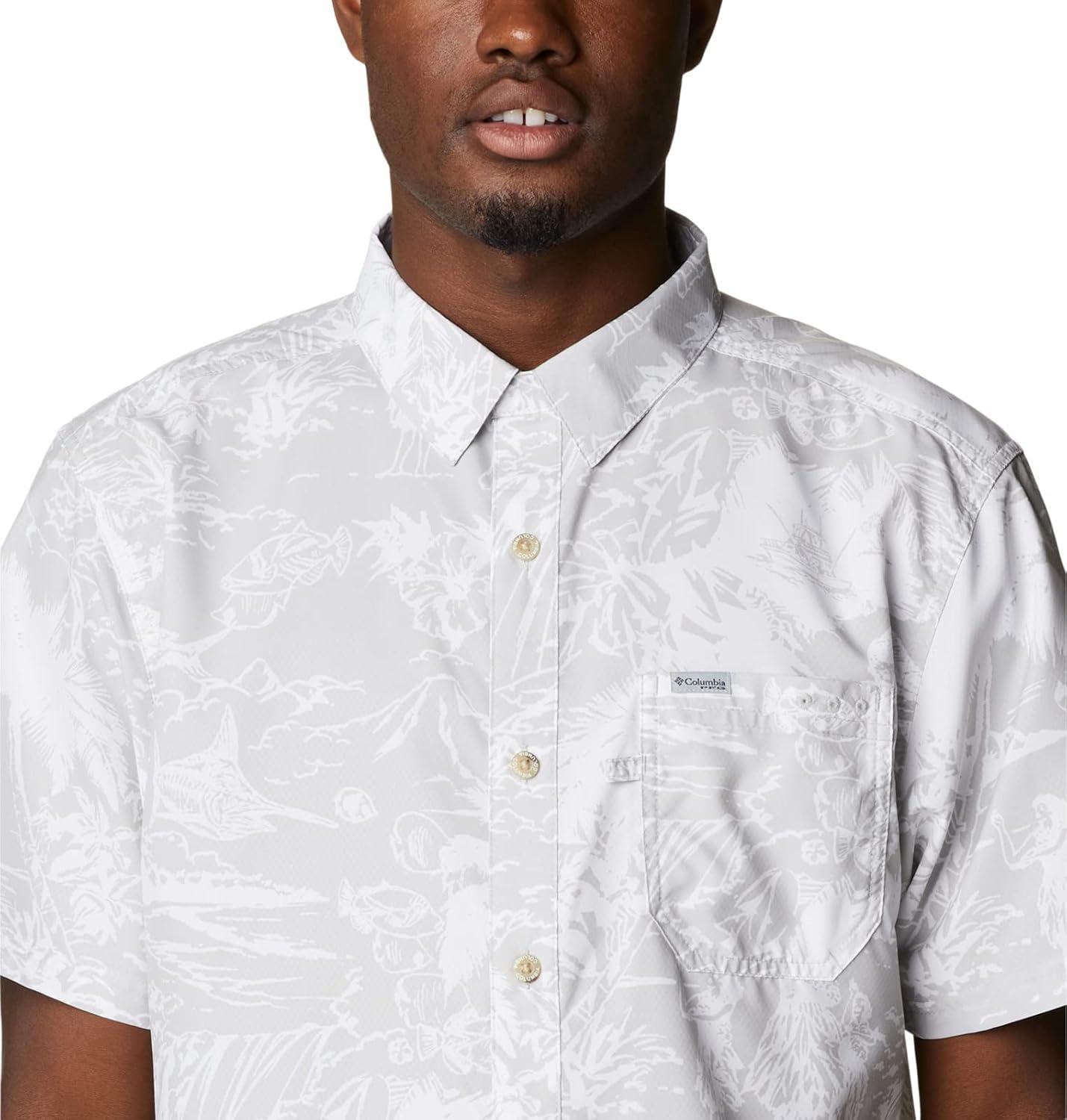 imageColumbia Mens Super Slack Tide Camp Shirt Short SleeveCool Grey Hula Fish Print