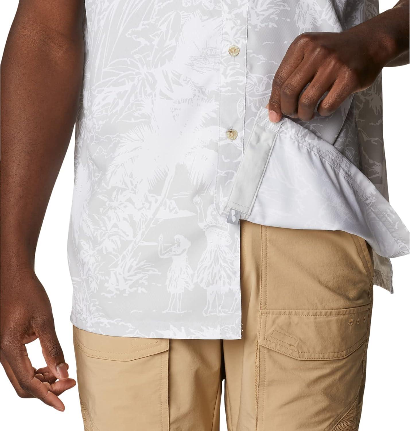 imageColumbia Mens Super Slack Tide Camp Shirt Short SleeveCool Grey Hula Fish Print
