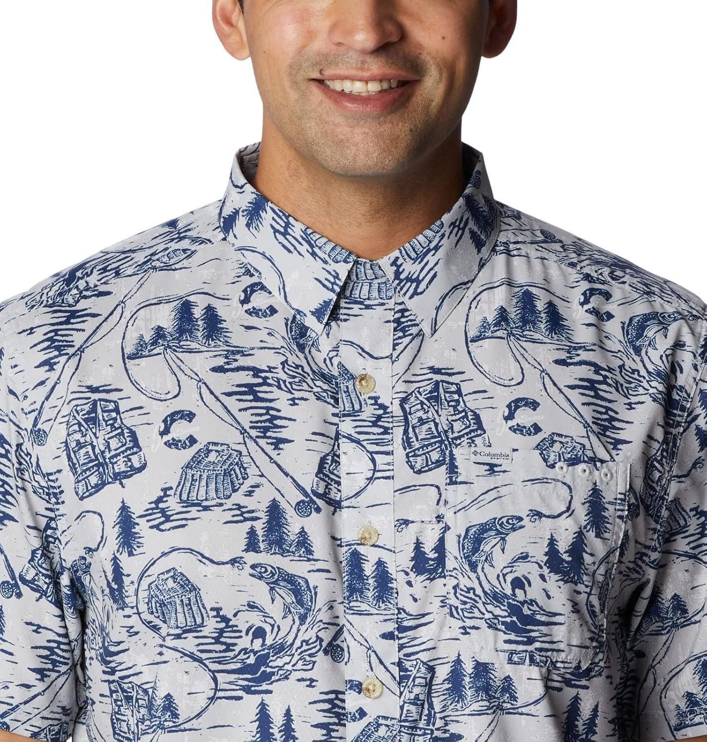 imageColumbia Mens Super Slack Tide Camp Shirt Short SleeveCool Grey Pfg Origins Print
