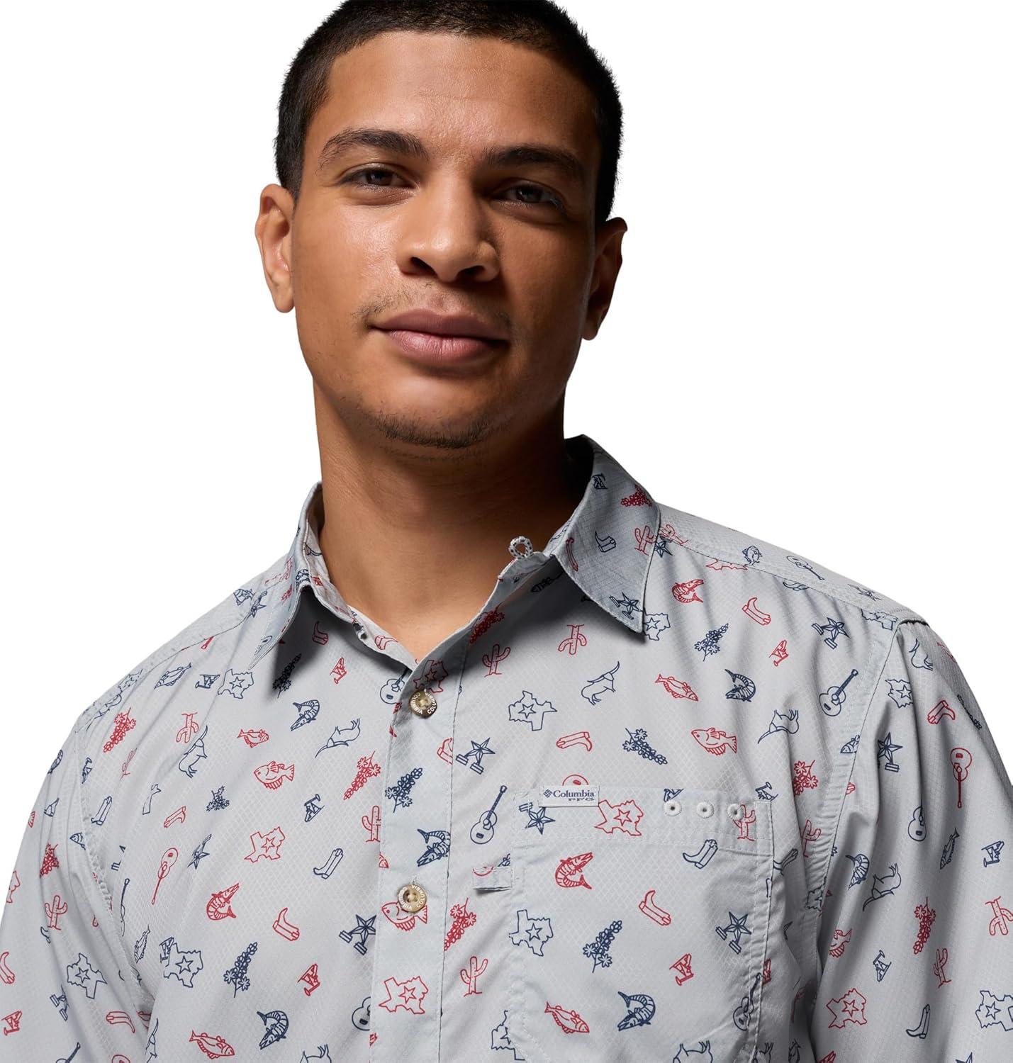 imageColumbia Mens Super Slack Tide Camp Shirt Short SleeveCool Grey Take Me to Texas