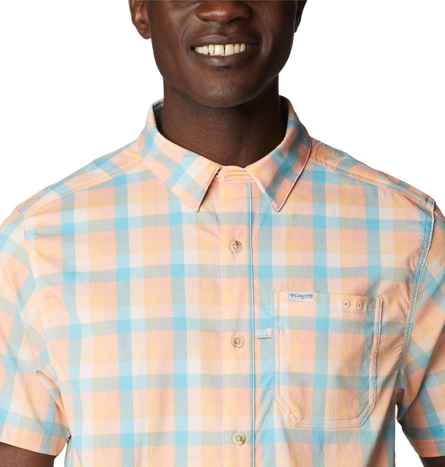 imageColumbia Mens Super Slack Tide Camp Shirt Short SleeveLight Coral Mid Gingham