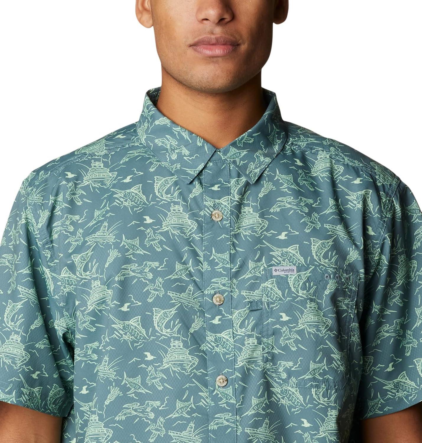 imageColumbia Mens Super Slack Tide Camp Shirt Short SleeveMetal Small Mighty Marlins Print
