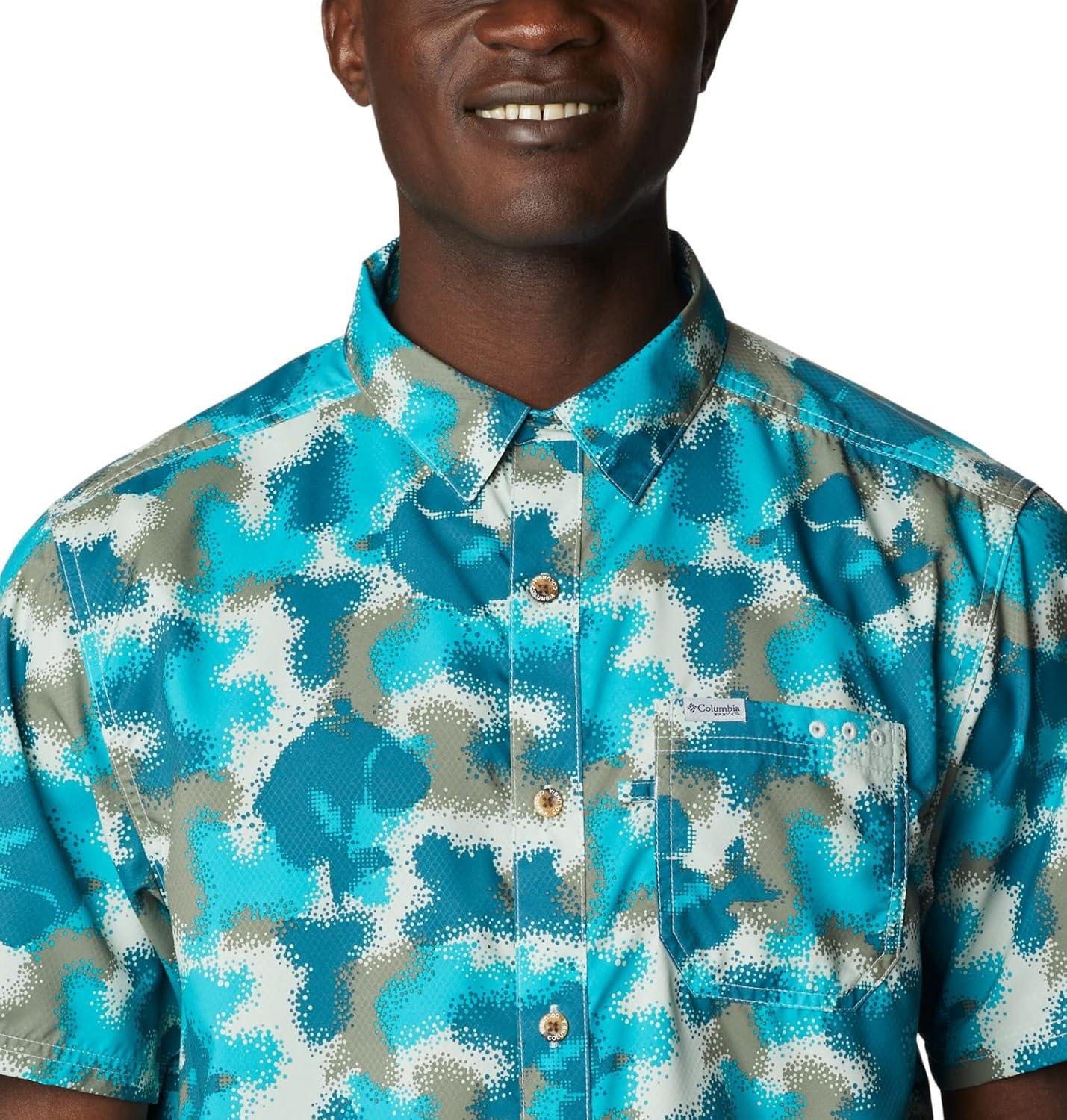 imageColumbia Mens Super Slack Tide Camp Shirt Short SleeveOcean Teal Bass Camo