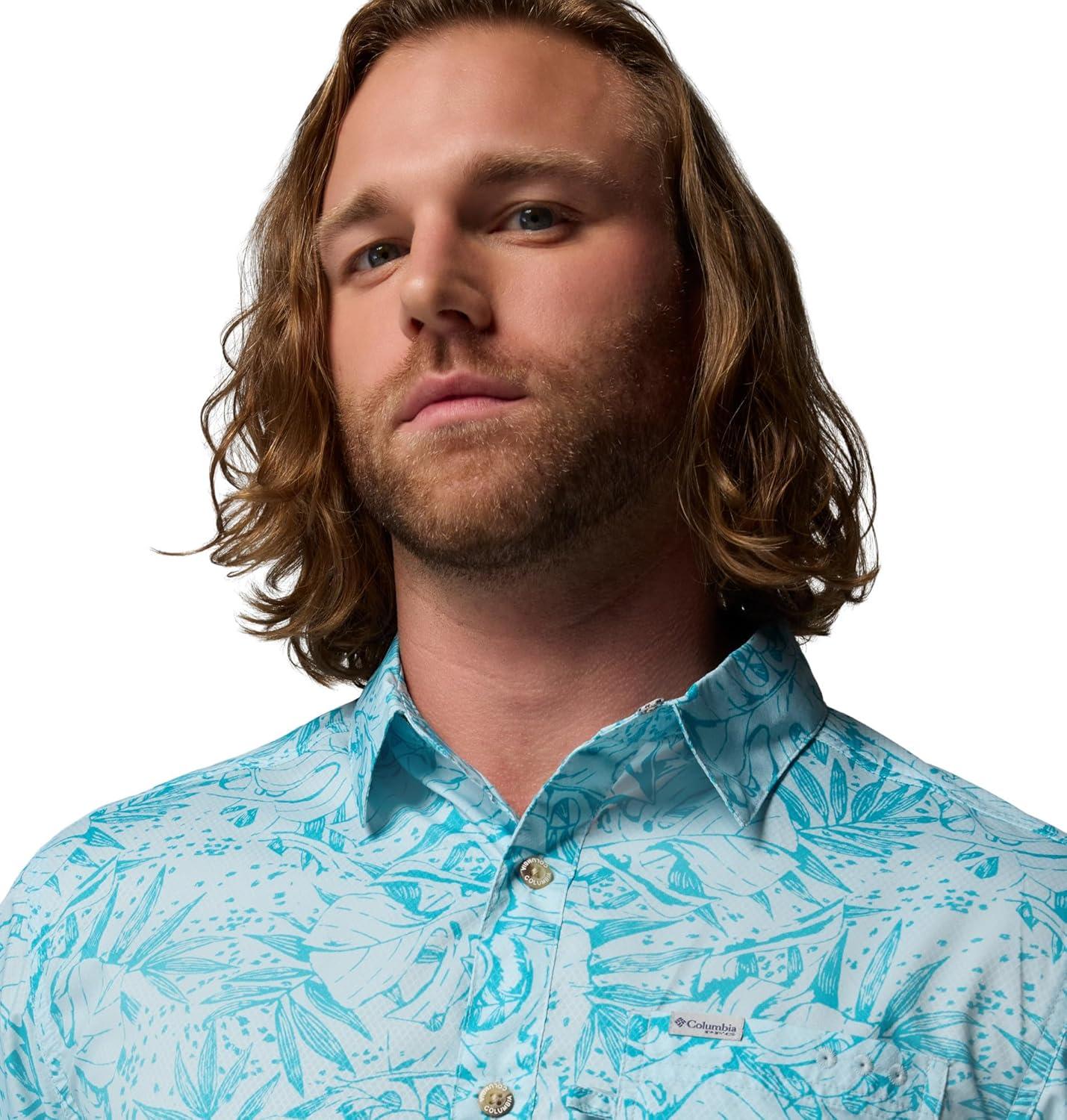 imageColumbia Mens Super Slack Tide Camp Shirt Short SleeveOcean Teal Leoleaves