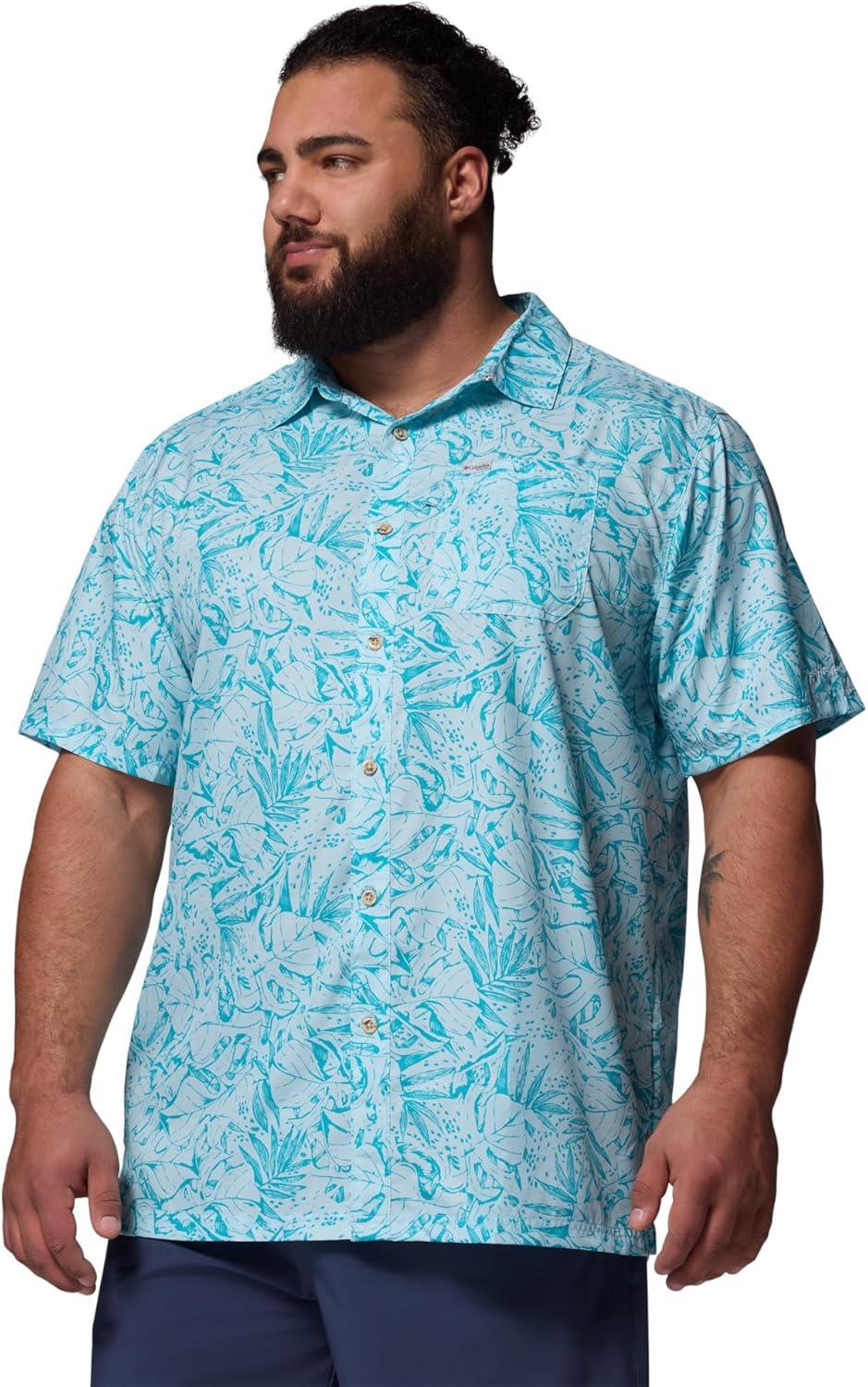 imageColumbia Mens Super Slack Tide Camp Shirt Short SleeveOcean Teal Leoleaves