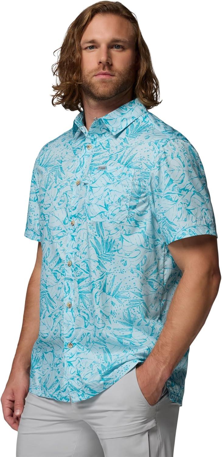 imageColumbia Mens Super Slack Tide Camp Shirt Short SleeveOcean Teal Leoleaves