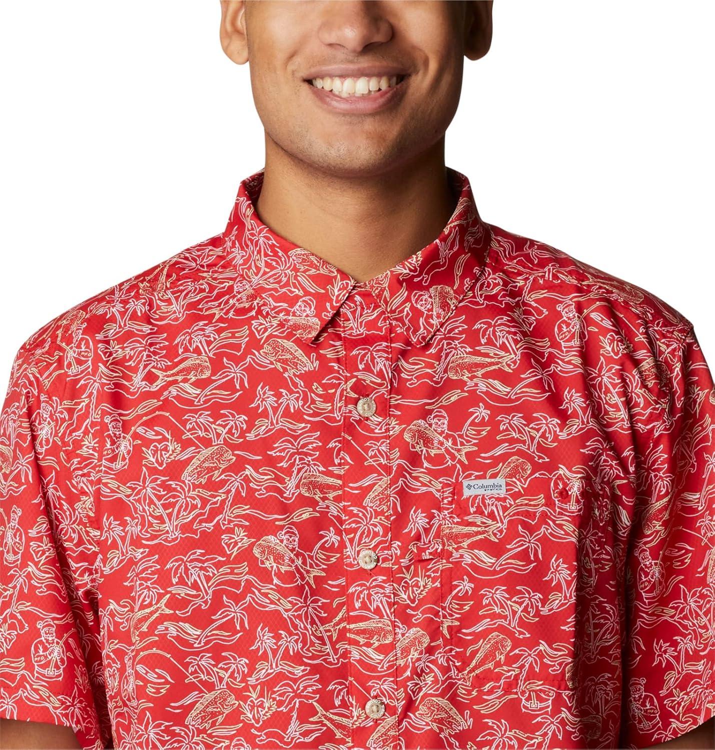 imageColumbia Mens Super Slack Tide Camp Shirt Short SleeveRed Spark Merry Mahi Print