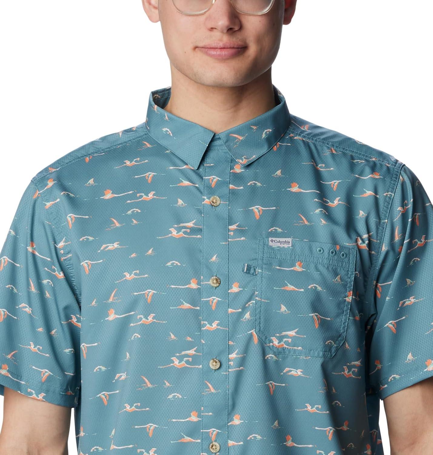 imageColumbia Mens Super Slack Tide Camp Shirt Short SleeveTranquil Teal Tailfins Print
