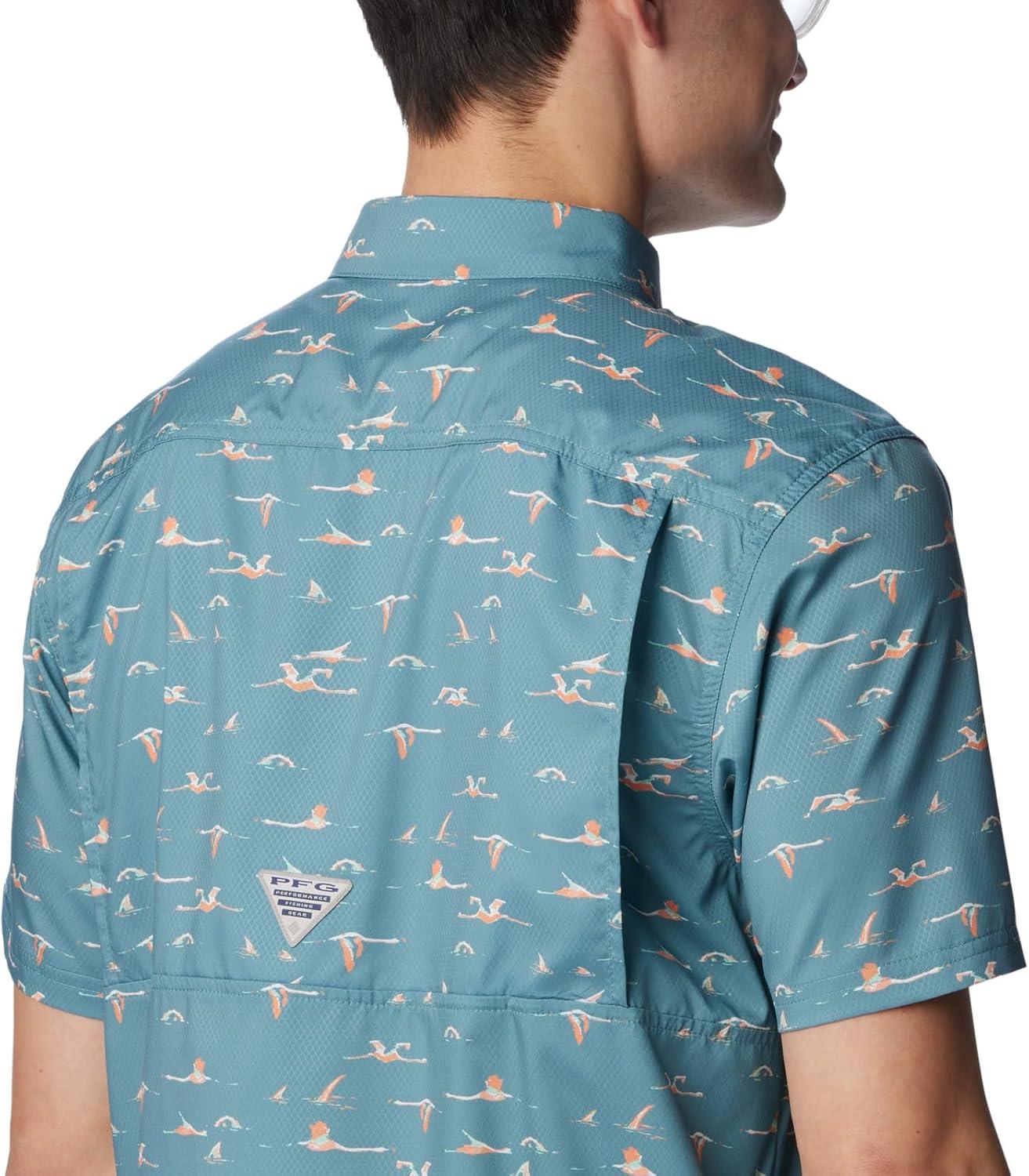 imageColumbia Mens Super Slack Tide Camp Shirt Short SleeveTranquil Teal Tailfins Print