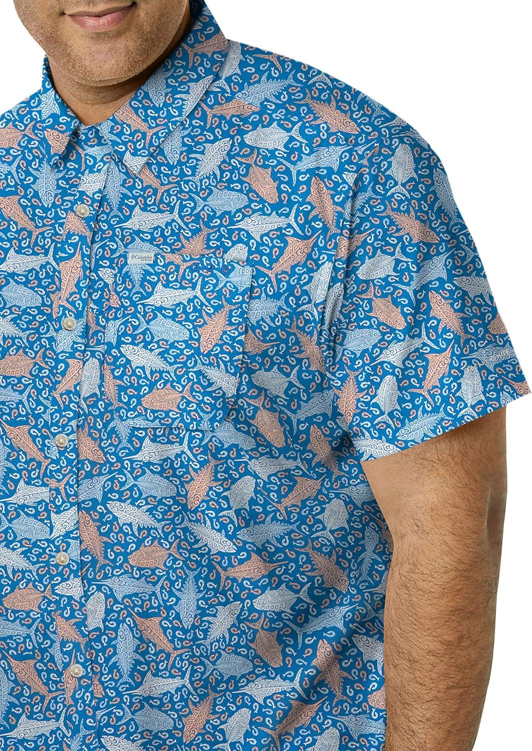 imageColumbia Mens Super Slack Tide Camp Shirt Short SleeveVivid Blue Tribal Fish Print
