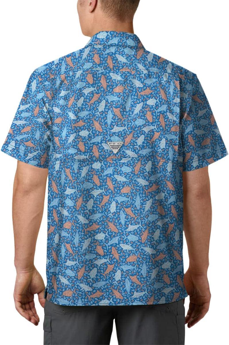 imageColumbia Mens Super Slack Tide Camp Shirt Short SleeveVivid Blue Tribal Fish Print