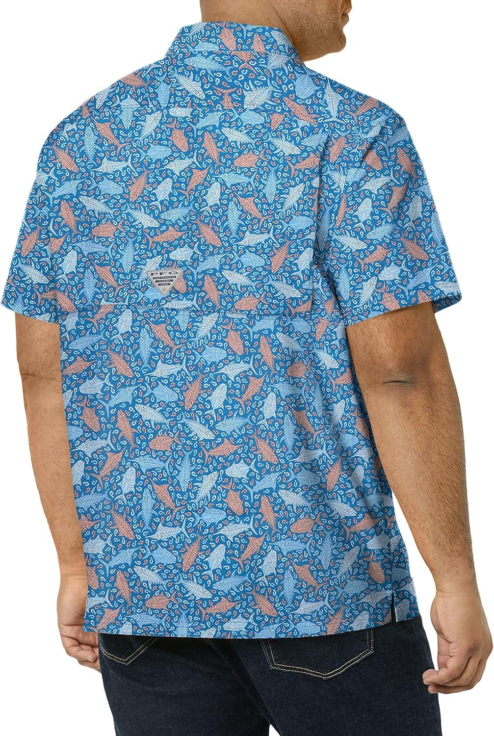 imageColumbia Mens Super Slack Tide Camp Shirt Short SleeveVivid Blue Tribal Fish Print