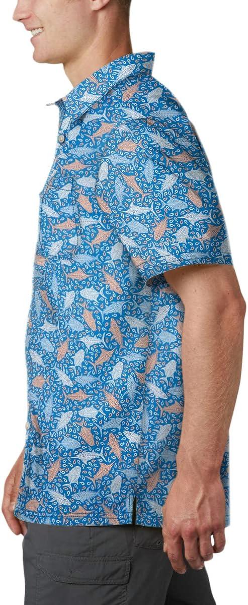 imageColumbia Mens Super Slack Tide Camp Shirt Short SleeveVivid Blue Tribal Fish Print