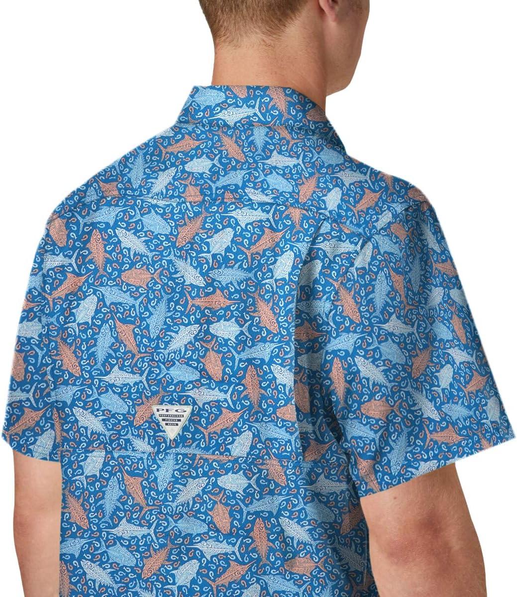 imageColumbia Mens Super Slack Tide Camp Shirt Short SleeveVivid Blue Tribal Fish Print