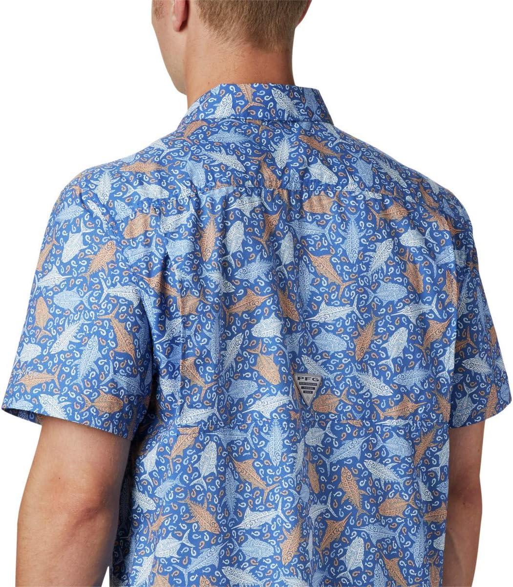 imageColumbia Mens Super Slack Tide Camp Shirt Short SleeveVivid Blue Tribal Fish Print