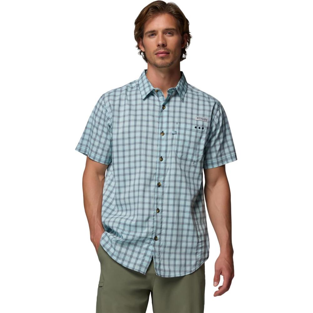 imageColumbia Mens PFG Harbor Peak Short Sleeve ShirtCollegiate Navy Driftnet Plaid