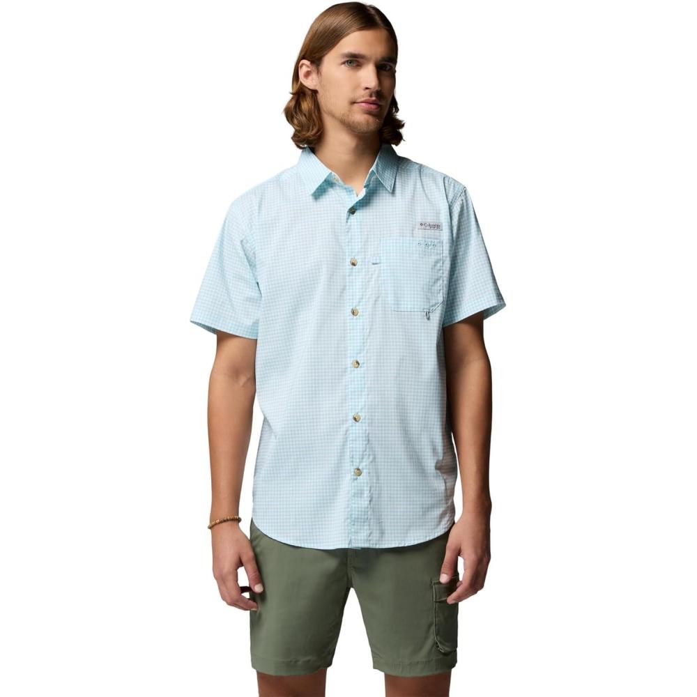 imageColumbia Mens PFG Harbor Peak Short Sleeve ShirtMarine Light Micro Gingham