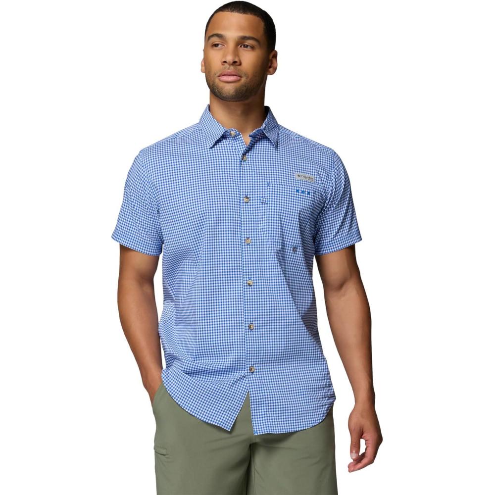 imageColumbia Mens PFG Harbor Peak Short Sleeve ShirtVivid Blue Gingham