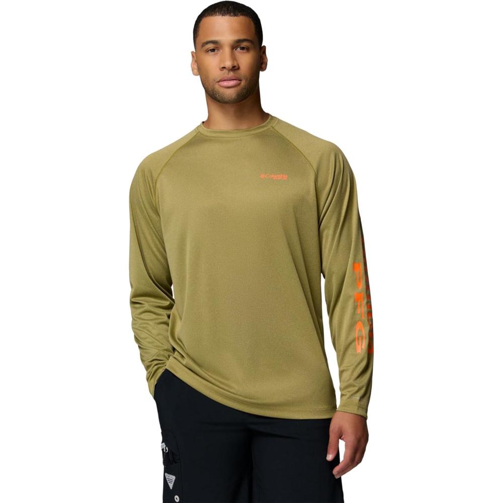imageColumbia Mens PFG Terminal Tackle Long Sleeve ShirtGrove Green HeatherSpark Orange Logo