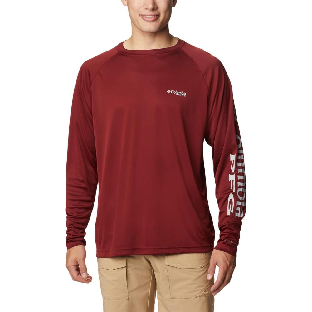 imageColumbia Mens PFG Terminal Tackle Long Sleeve ShirtRed JasperCool Grey Logo