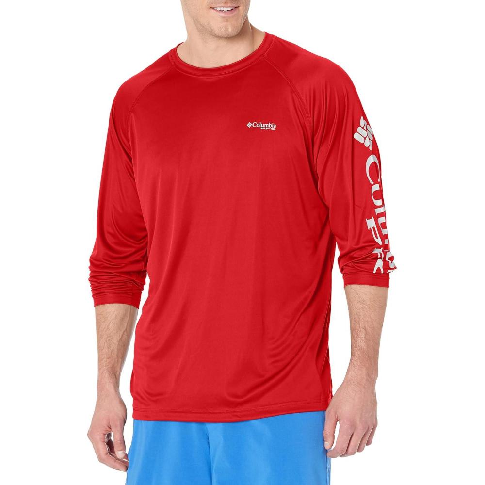 imageColumbia Mens PFG Terminal Tackle Long Sleeve ShirtRed SparkWhite Logo