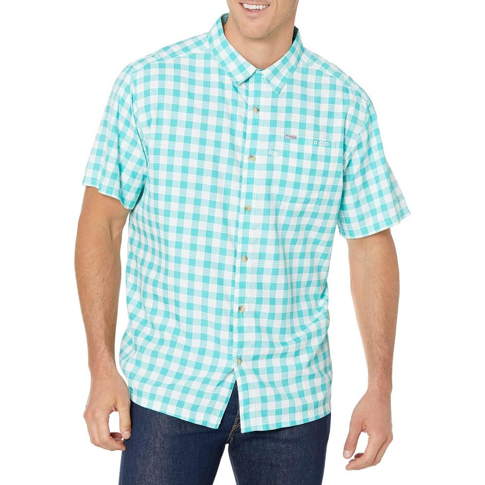 imageColumbia Mens Super Slack Tide Camp Shirt Short SleeveBright Aqua Palaka Plaid