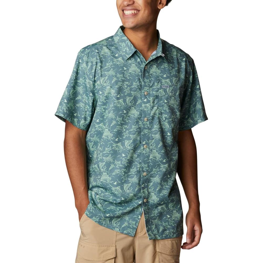 imageColumbia Mens Super Slack Tide Camp Shirt Short SleeveMetal Small Mighty Marlins Print