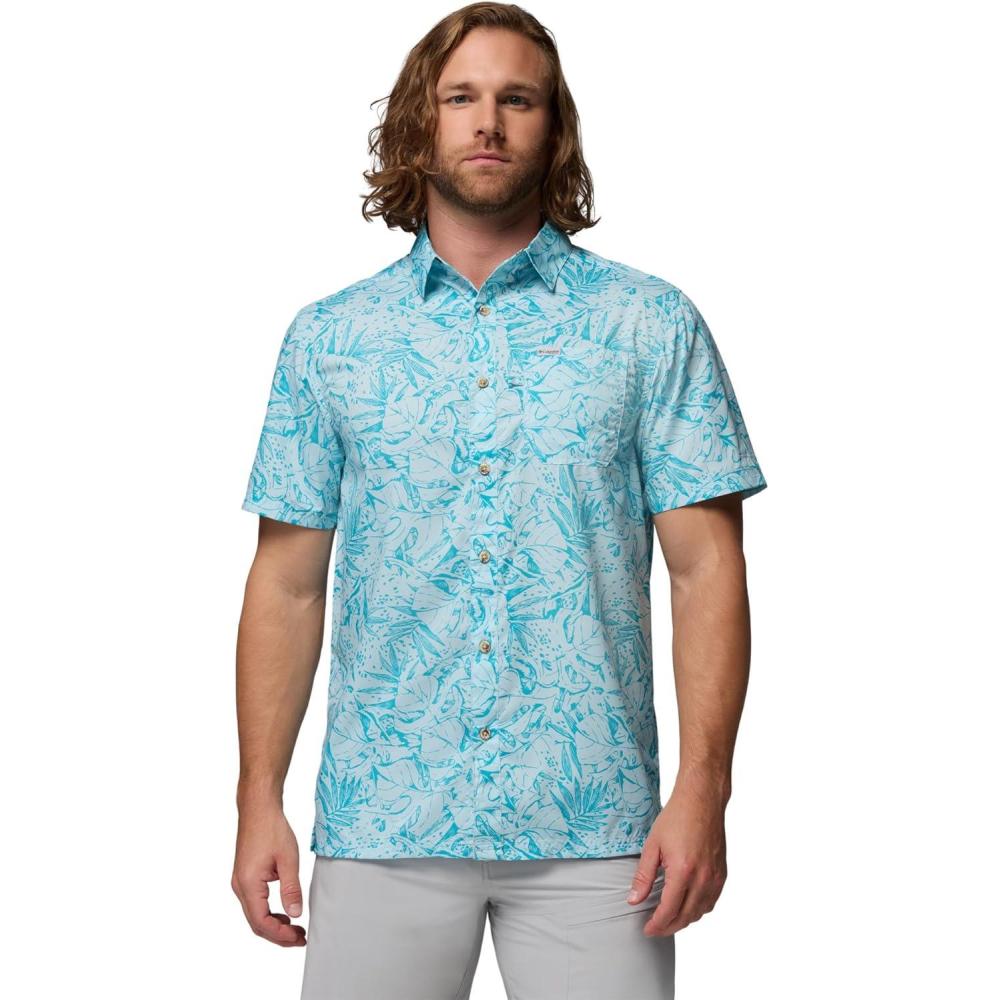 imageColumbia Mens Super Slack Tide Camp Shirt Short SleeveOcean Teal Leoleaves