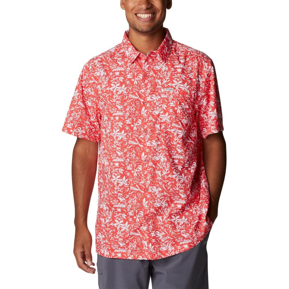 imageColumbia Mens Super Slack Tide Camp Shirt Short SleeveRed Hibiscus Kona Print