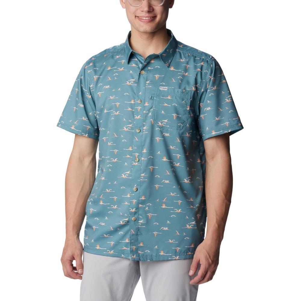 imageColumbia Mens Super Slack Tide Camp Shirt Short SleeveTranquil Teal Tailfins Print