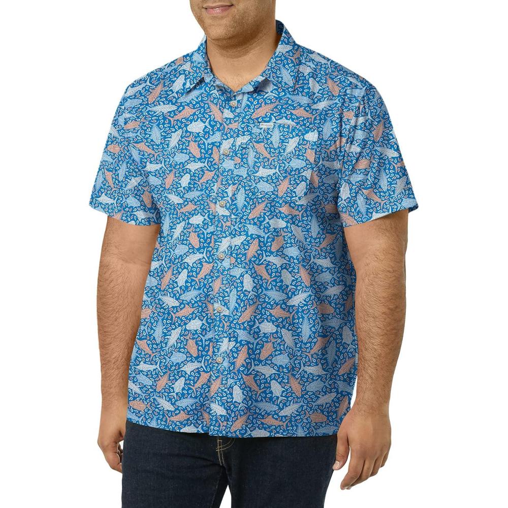 imageColumbia Mens Super Slack Tide Camp Shirt Short SleeveVivid Blue Tribal Fish Print