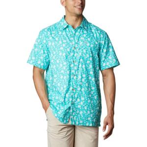 Columbia Men’s Super Slack Tide Camp Shirt Short Sleeve(Bright Aqua Marlin Palms Print)