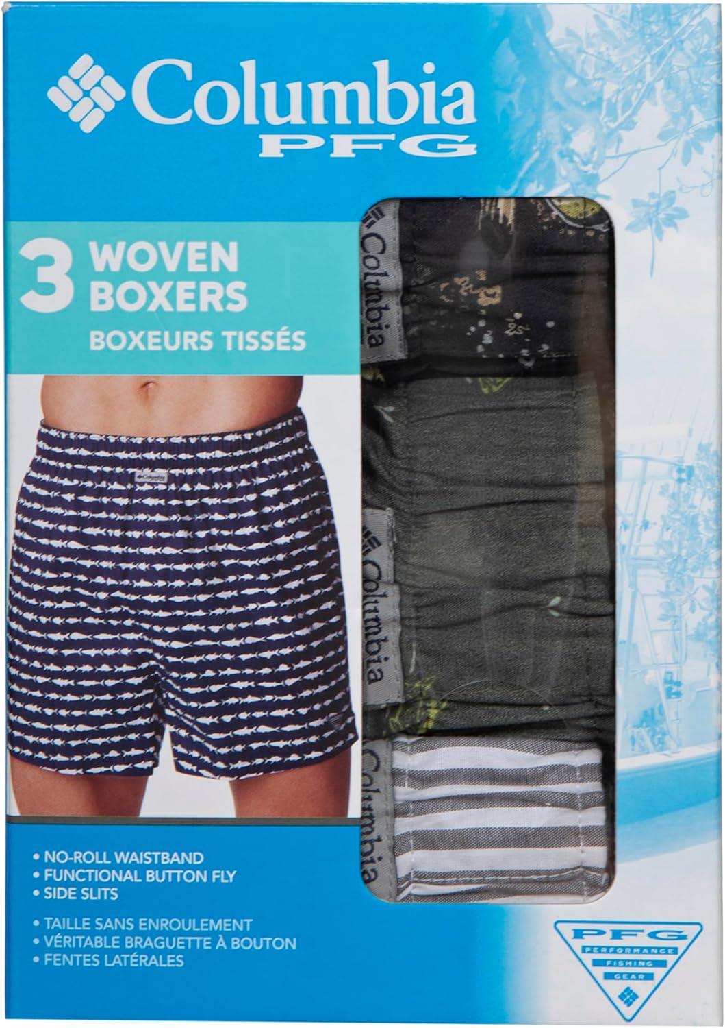 imageColumbia mens Pfg Woven Boxer Short 3 PackShark Freshfish PrintCypress Trout PrintGrey Stripe