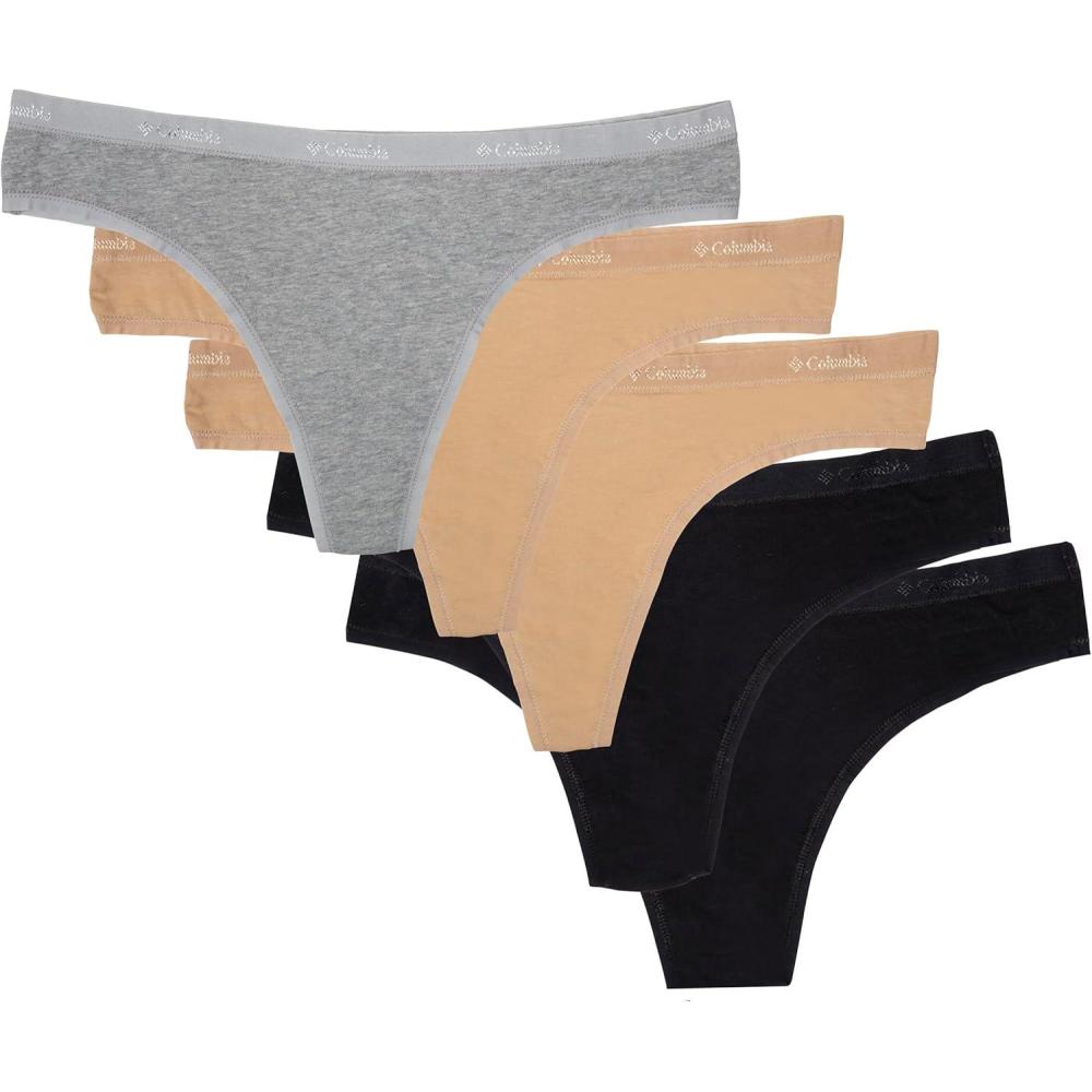 imageColumbia Womens 4way Stretch Cotton Thong 5packBlackCanoe NudeHeather Grey
