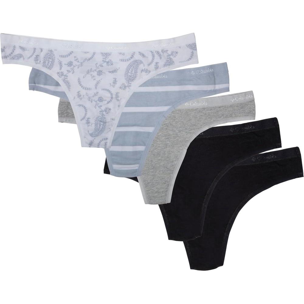 imageColumbia Womens 4way Stretch Cotton Thong 5packBlackHeather GreyStripedPaisley