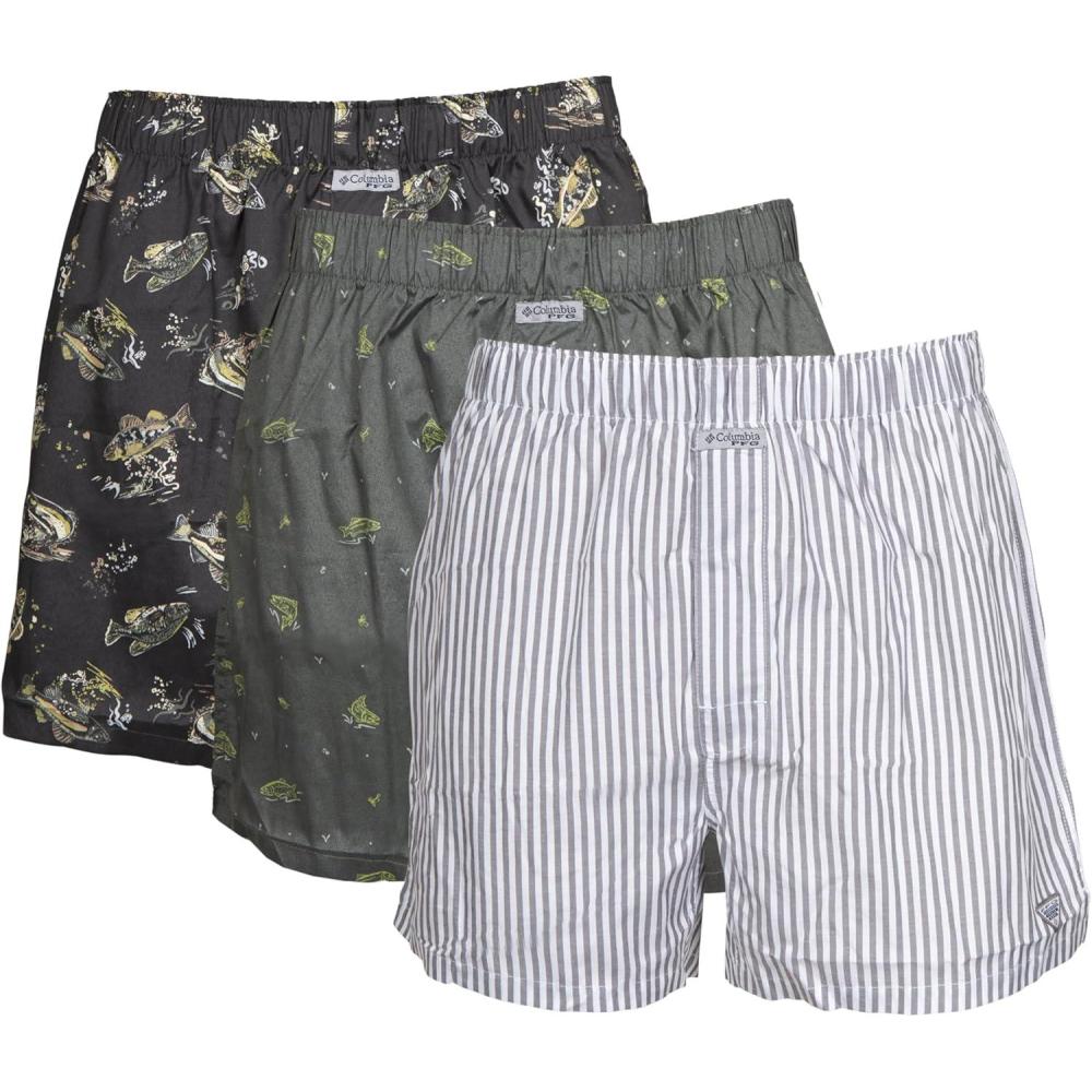 imageColumbia mens Pfg Woven Boxer Short 3 PackShark Freshfish PrintCypress Trout PrintGrey Stripe