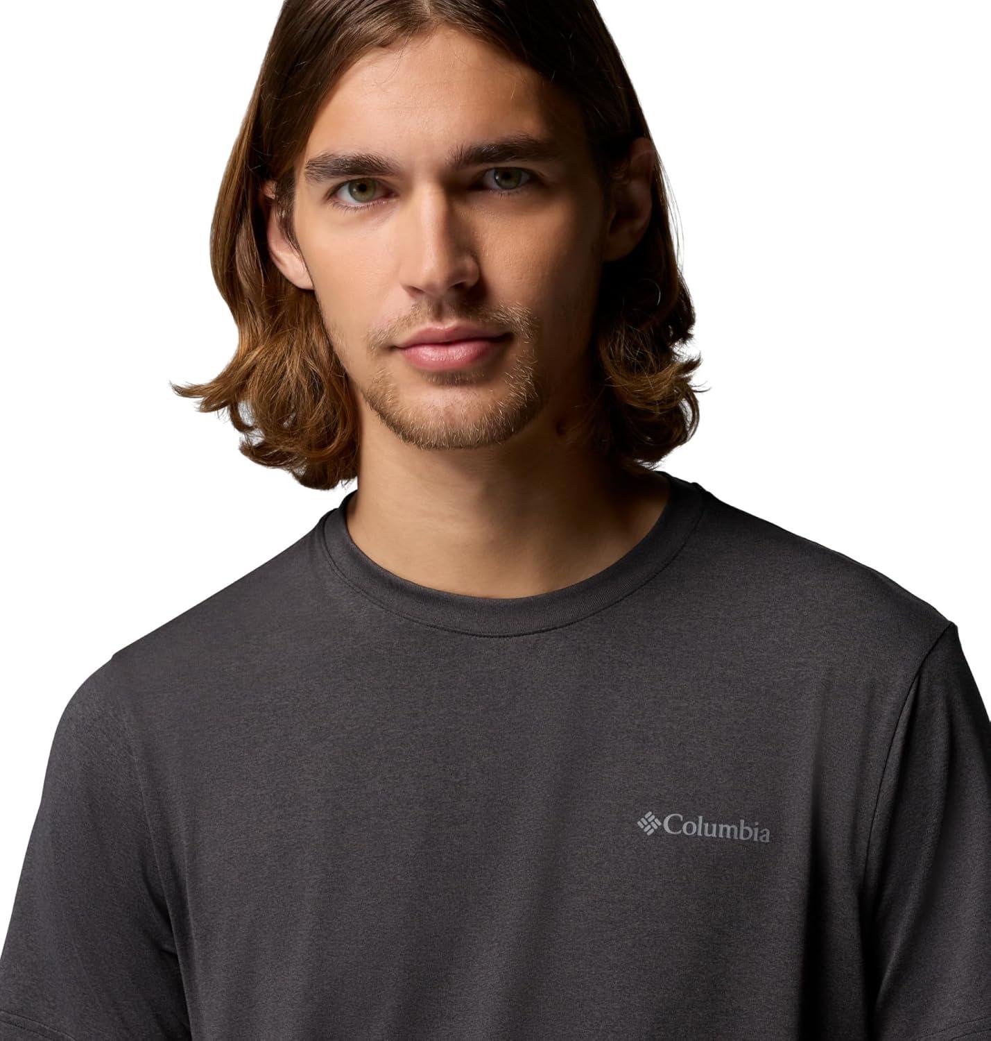 imageColumbia Mens Parsons Point Short Sleeve Back Graphic TeeBlack HeatherAthletic Gem Badge
