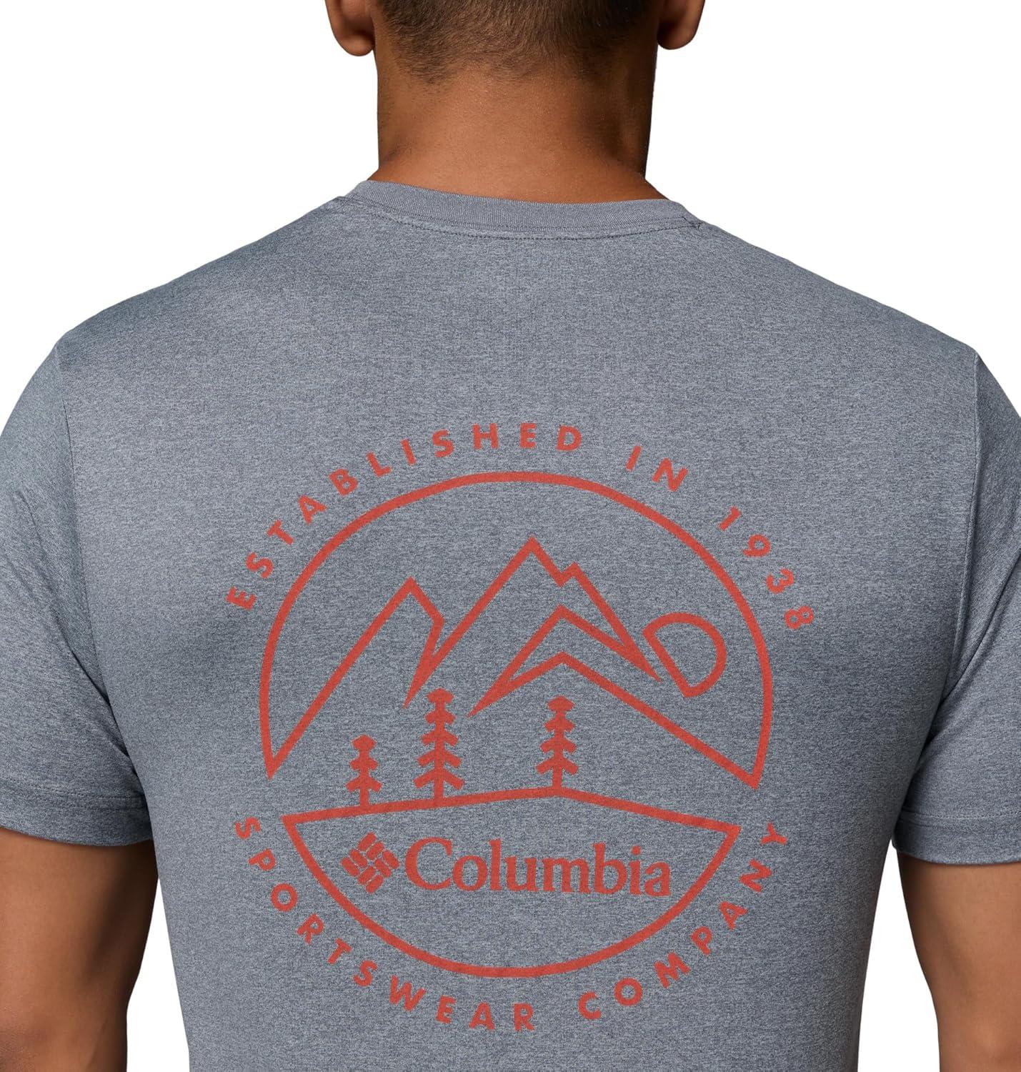 imageColumbia Mens Parsons Point Short Sleeve Back Graphic TeeCity Grey HeatherLinear Peaks