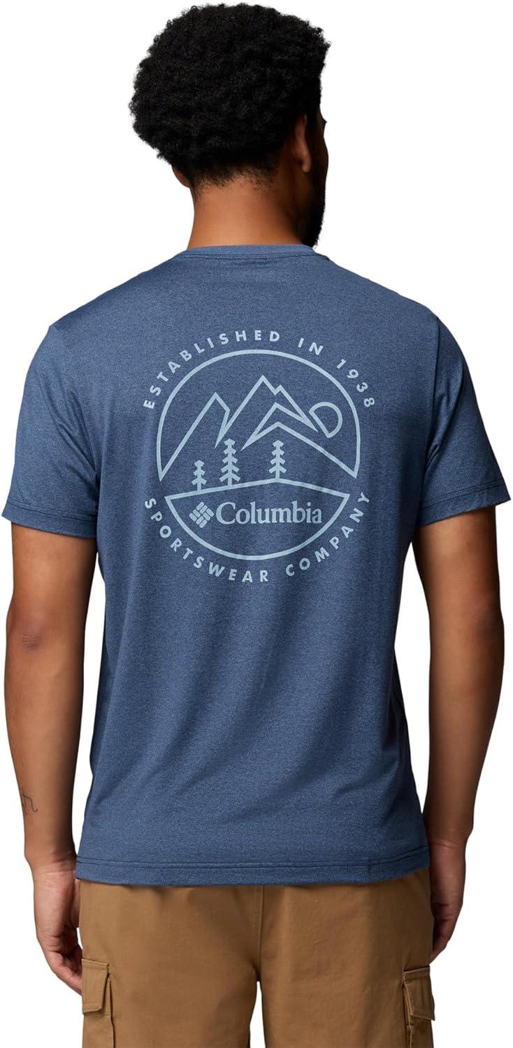 imageColumbia Mens Parsons Point Short Sleeve Back Graphic TeeCollegiate Navy HeatherLinear Peaks
