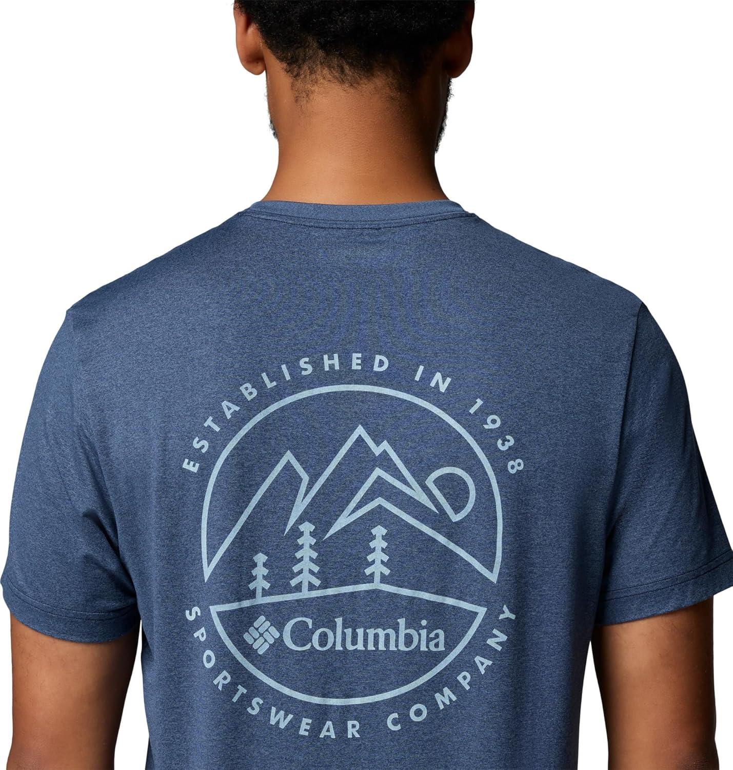 imageColumbia Mens Parsons Point Short Sleeve Back Graphic TeeCollegiate Navy HeatherLinear Peaks