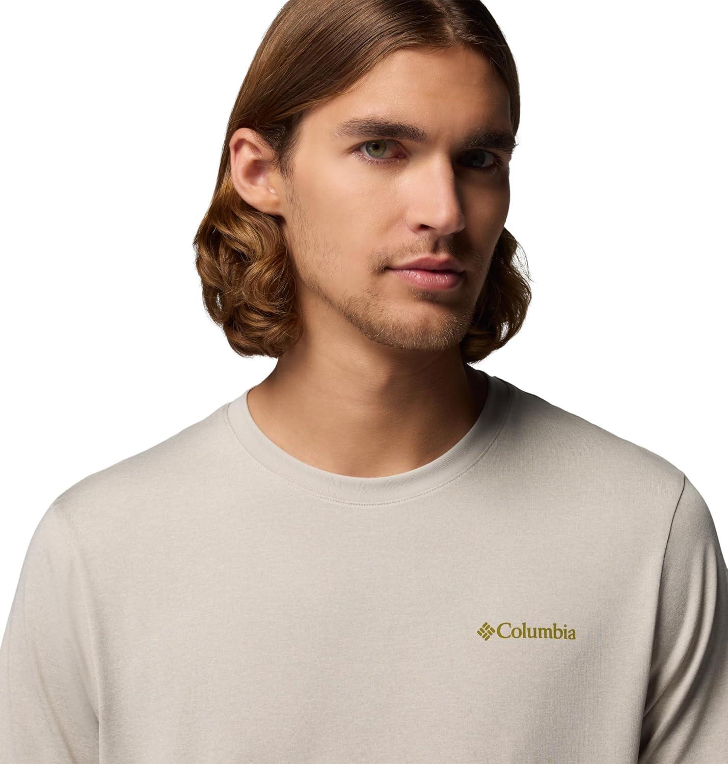 imageColumbia Mens Parsons Point Short Sleeve Back Graphic TeeDark Stone HeatherLinear Peaks