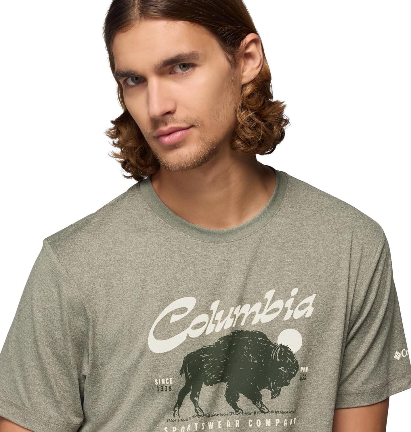 imageColumbia Mens Parsons Point Short Sleeve Graphic TeeStone Green HeatherRetro Roamer