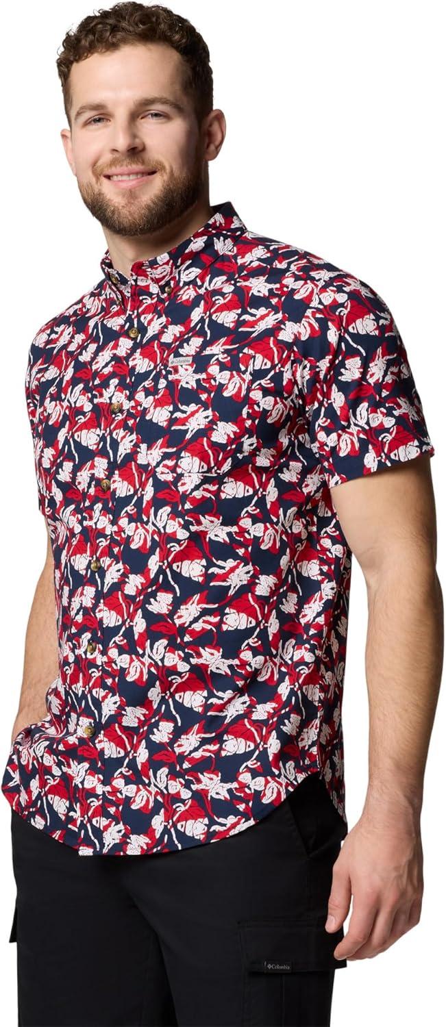 imageColumbia Mens Rapid Rivers Printed Short Sleeve Shirt Comfort StretchCollegiate Navy Vined